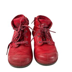 Palladium Kids Bright Red Lace Up Boots Infant 9 Leather Look Rugged Cute Fun
